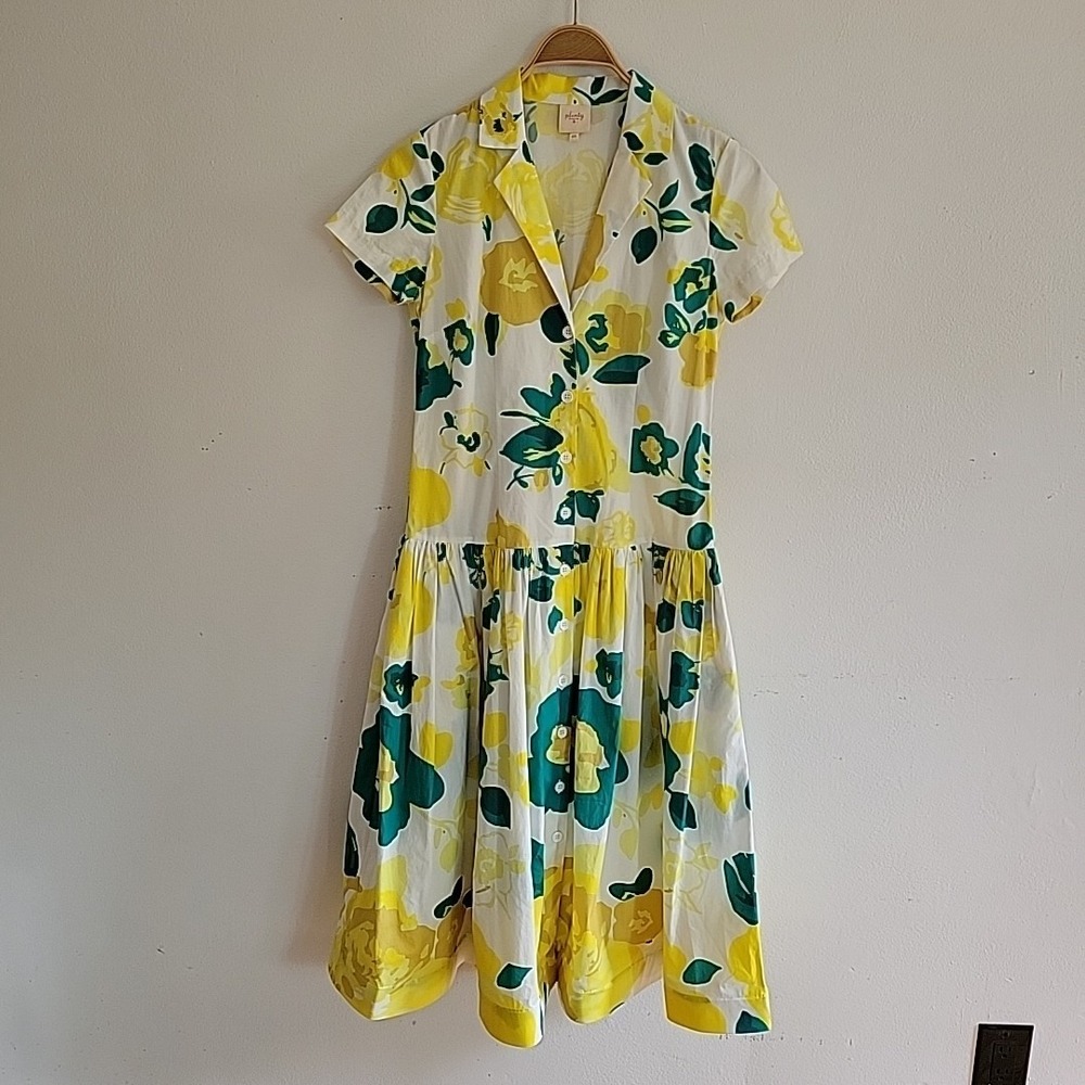 Plenty Tracy Reese Drop Waist Midi Dress XS Abstract Floral Short Sleeve Flounce